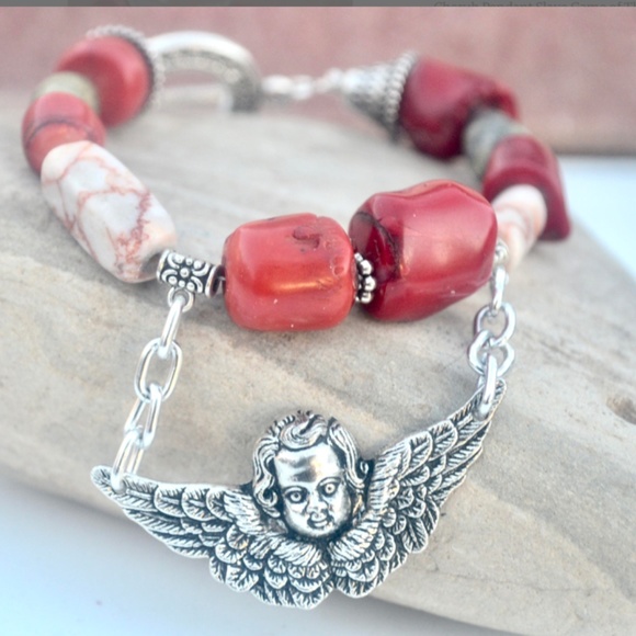 Conceptual Subculture Jewelry - Angel Pendant Bracelet Red Coral Gemstone Handmade